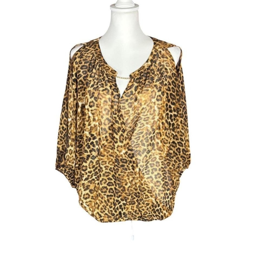 JENNIFER‎ LOPEZ Mobwife Glam Leopard Cold Shoulder Chiffon Blouse Top Womens M